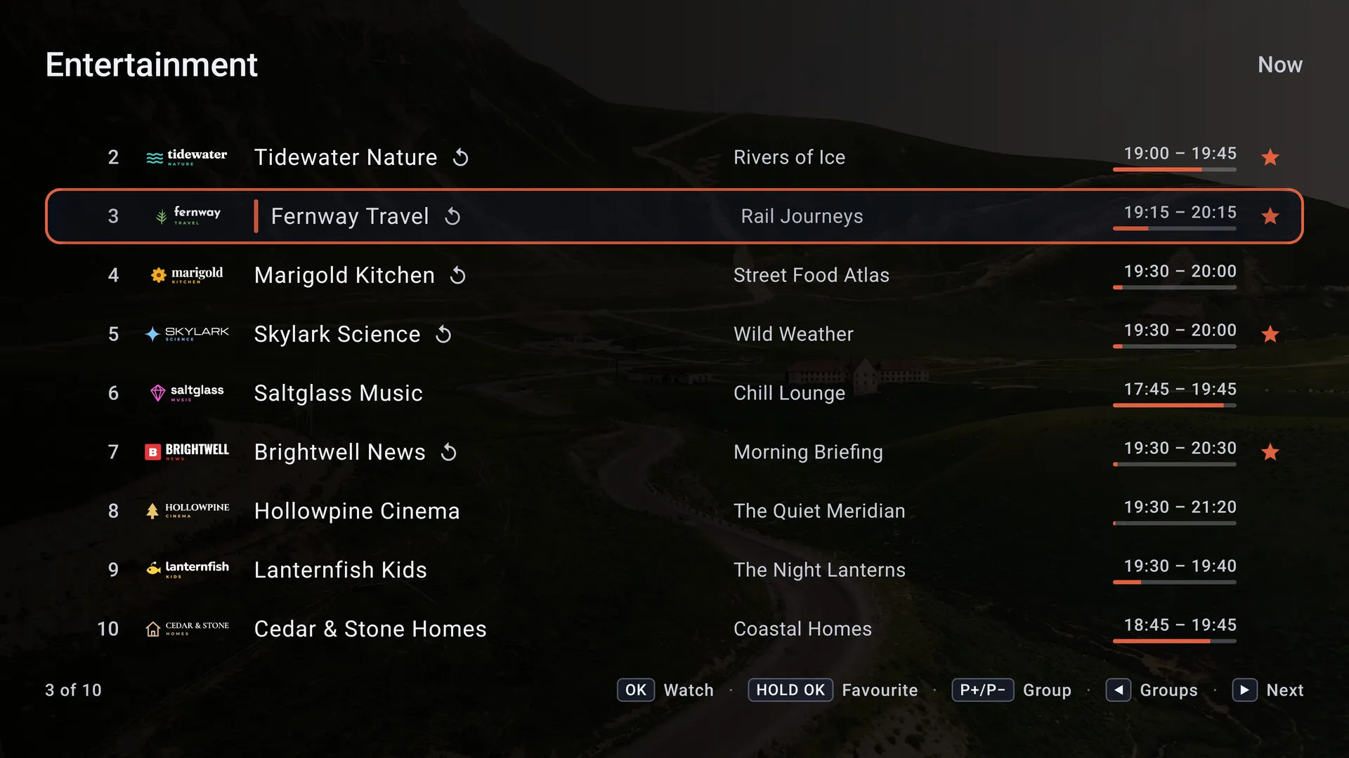 Kepler on Android TV: the channel list over live video, with channel numbers, logos and what is on now