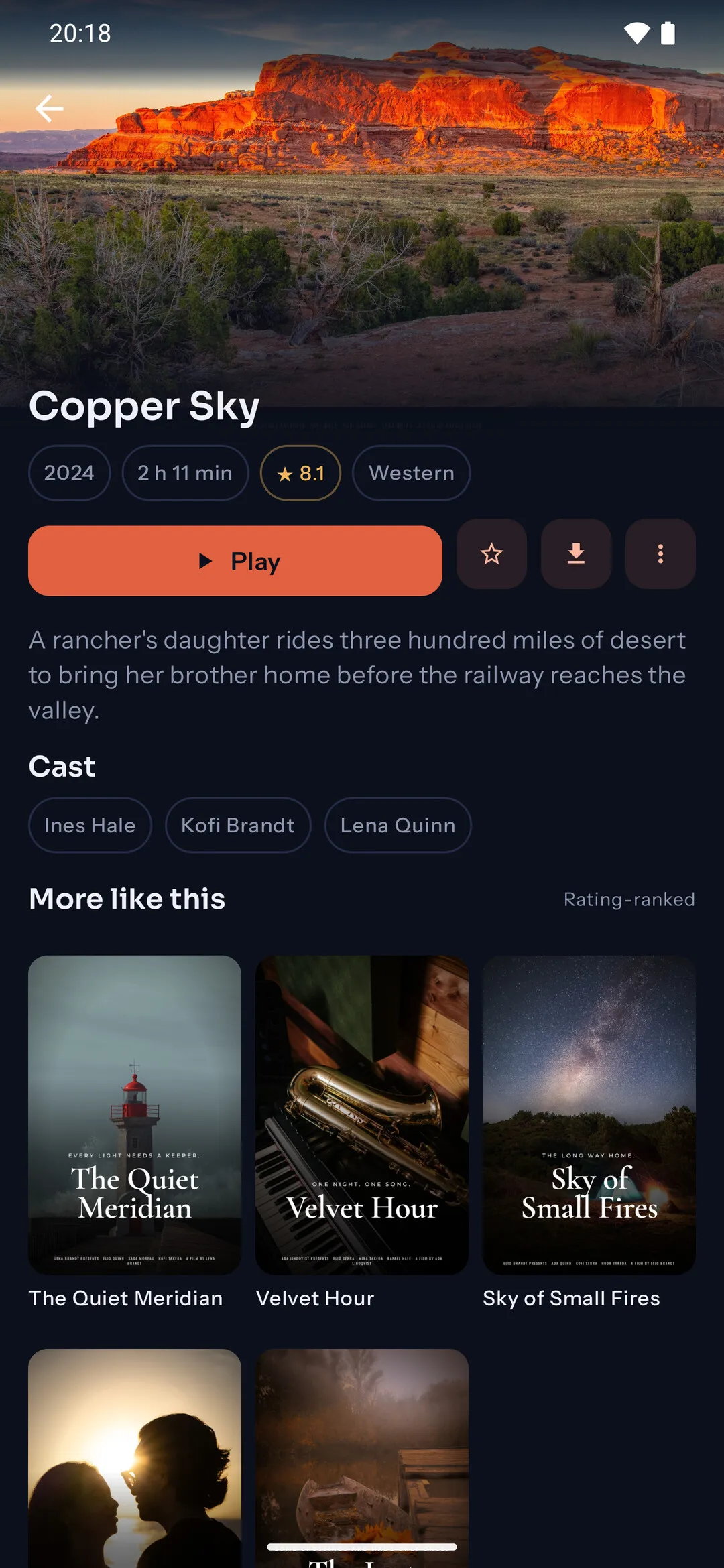 Kepler on a phone: a film page with its backdrop, rating, cast and similar titles