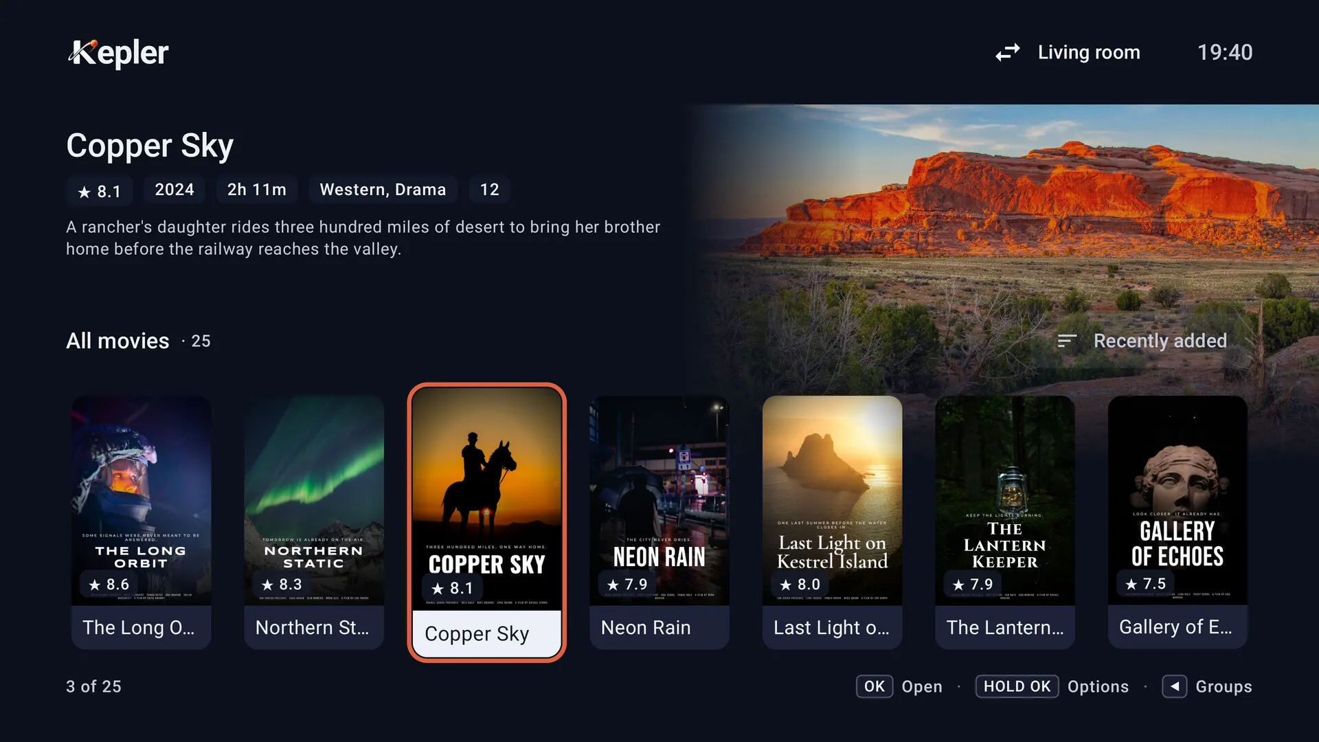 Kepler on Android TV: the films browser, with the focused film's desert backdrop above a row of posters