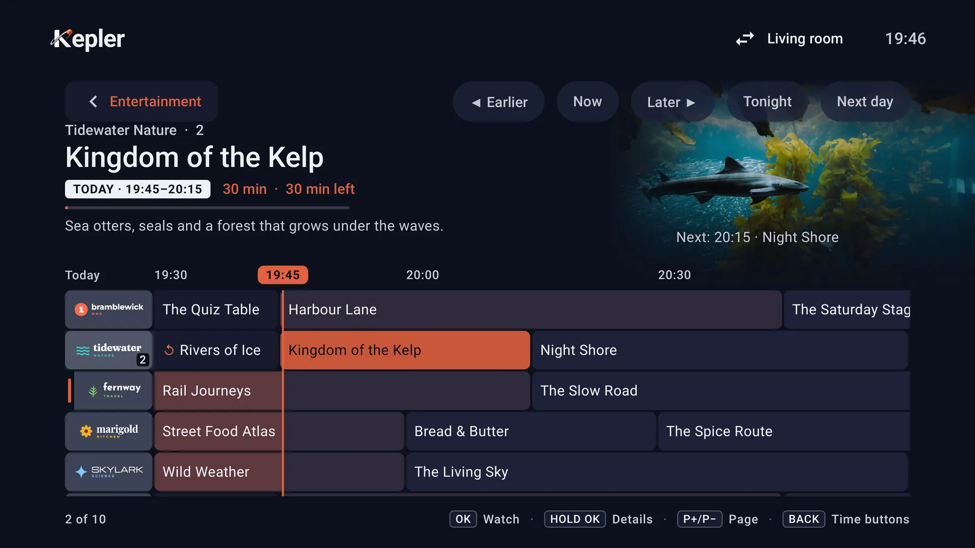 Kepler's TV guide on Android TV: a timeline of channels with a line marking now, and above it the focused programme with its picture
