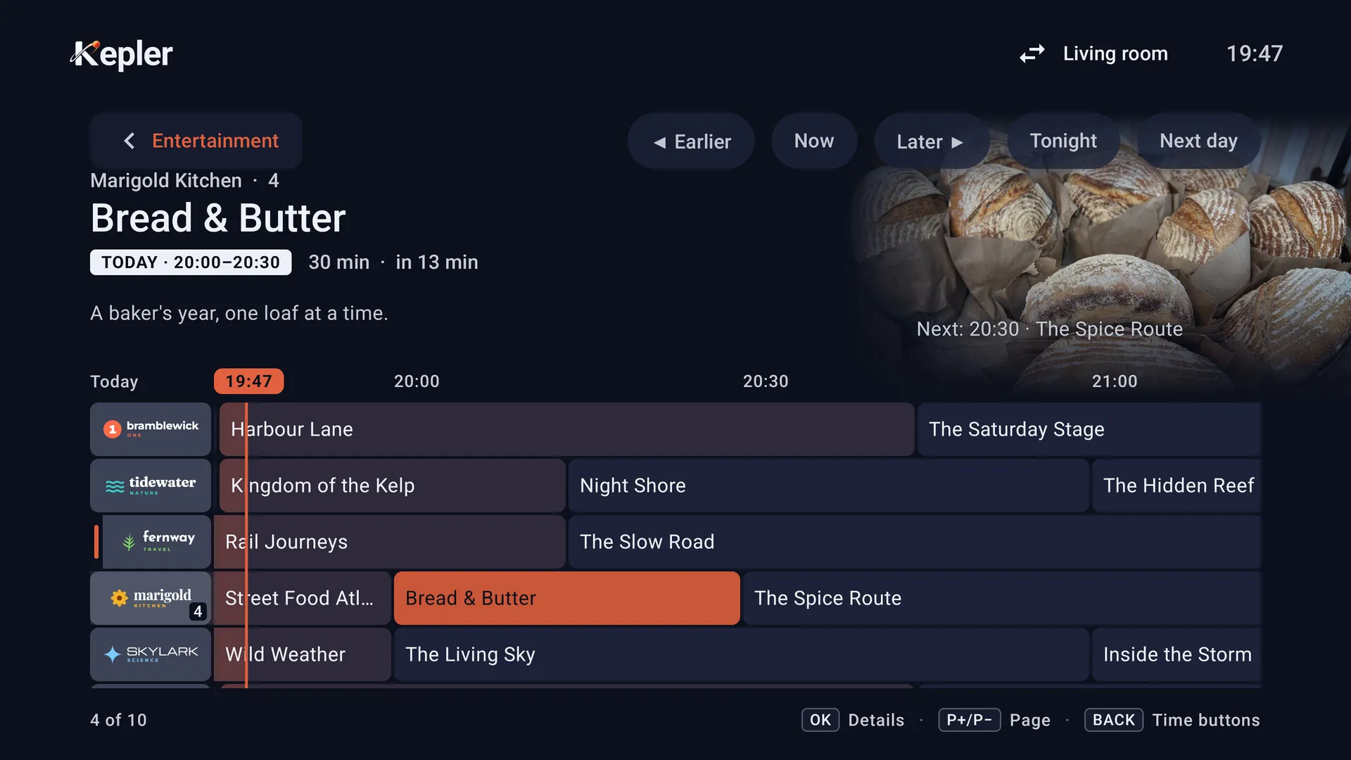 Kepler on Android TV: the TV guide, with a picture of the programme selected above the timeline of channels
