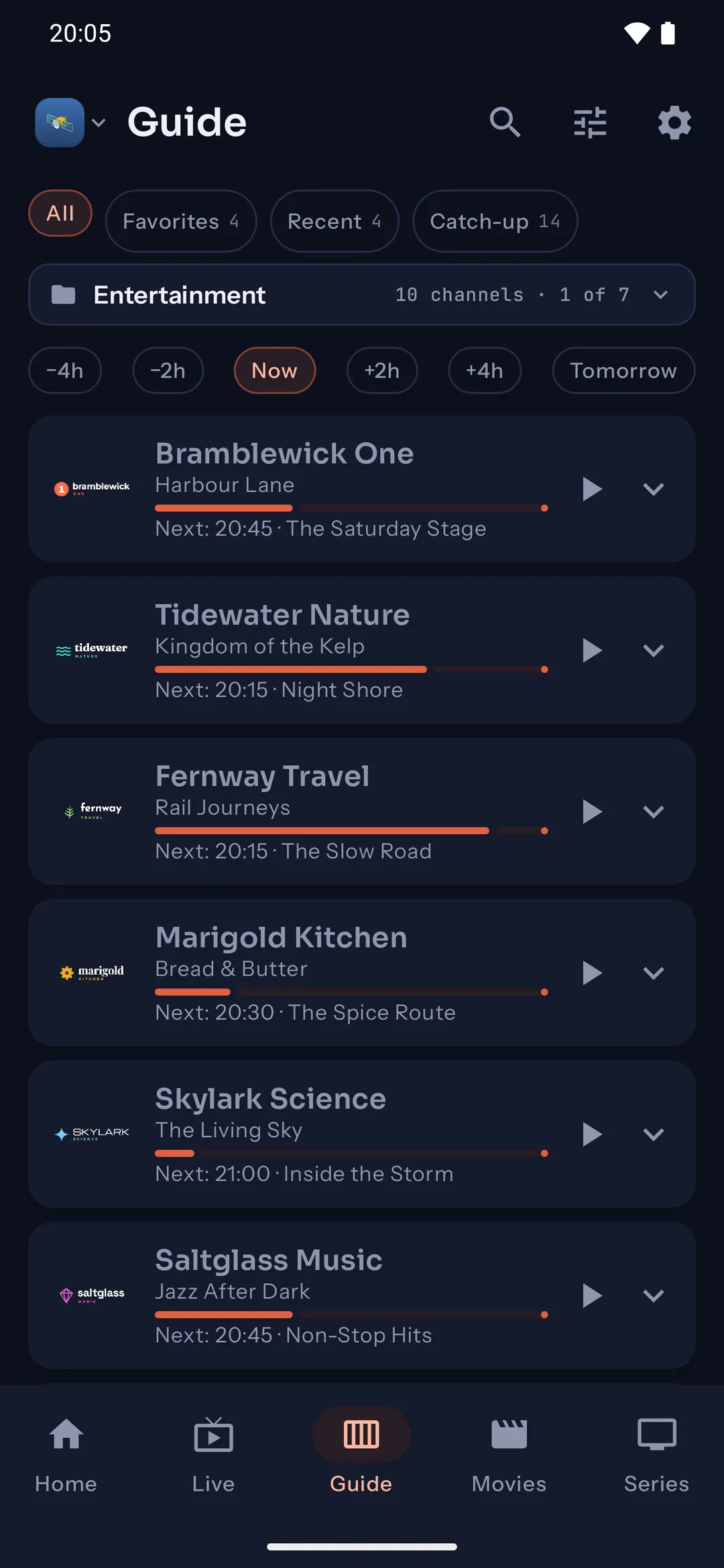 Kepler on a phone: the TV guide, with now and next on each channel and buttons to move through the day