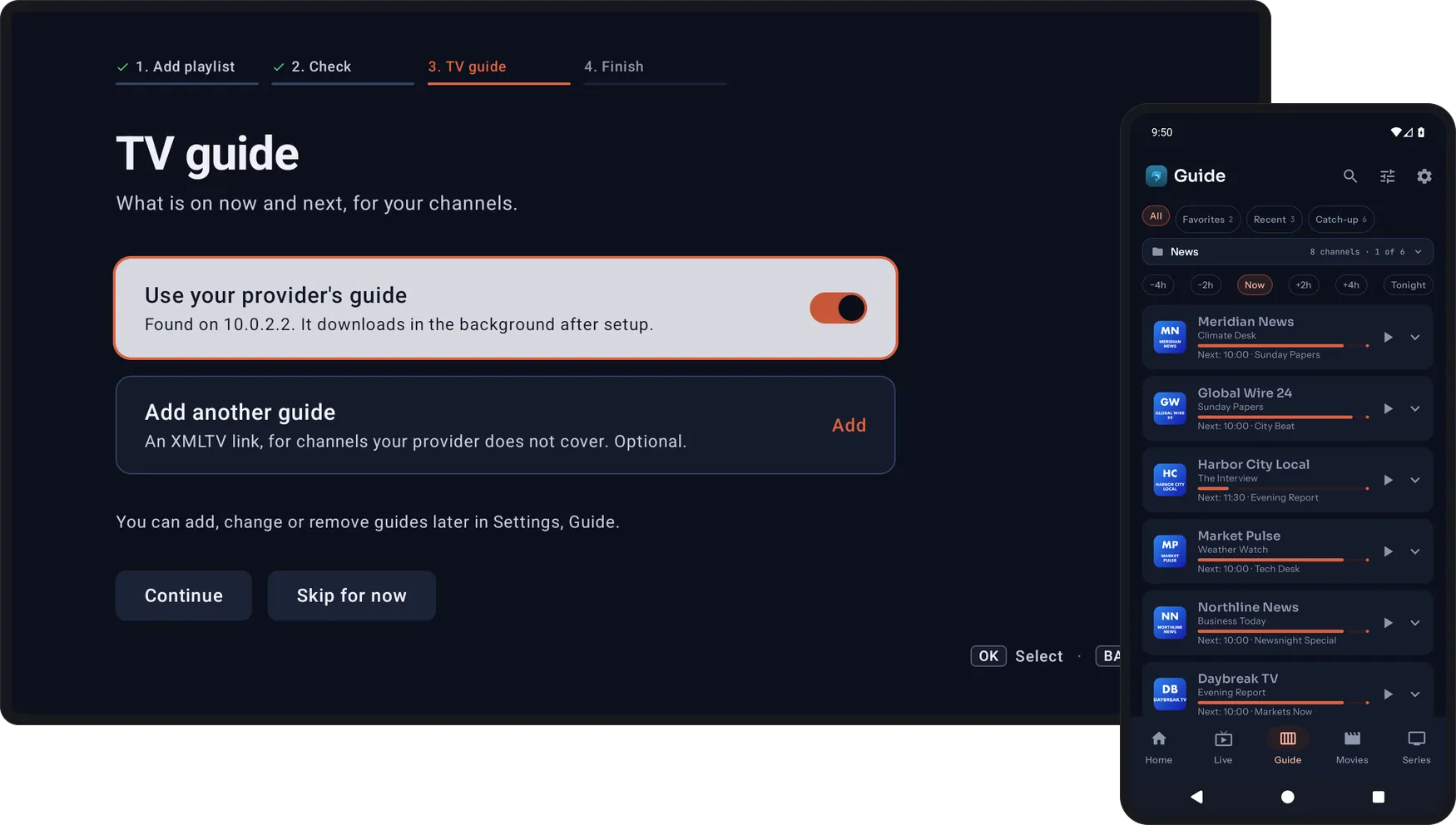 The TV guide step of Kepler's setup, offering the provider's guide and another XMLTV guide, next to a phone showing the Guide tab with now and next for each channel