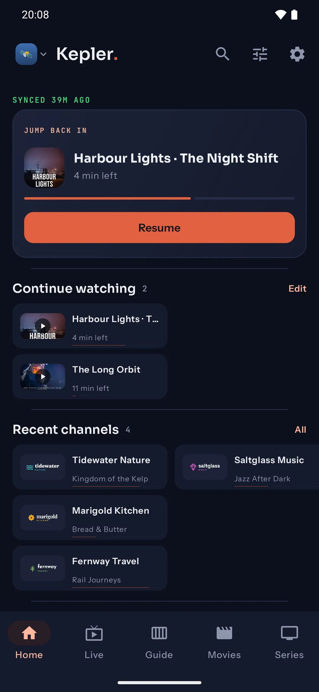 Kepler on a phone: Home, with an episode to resume, Continue watching and recent channels