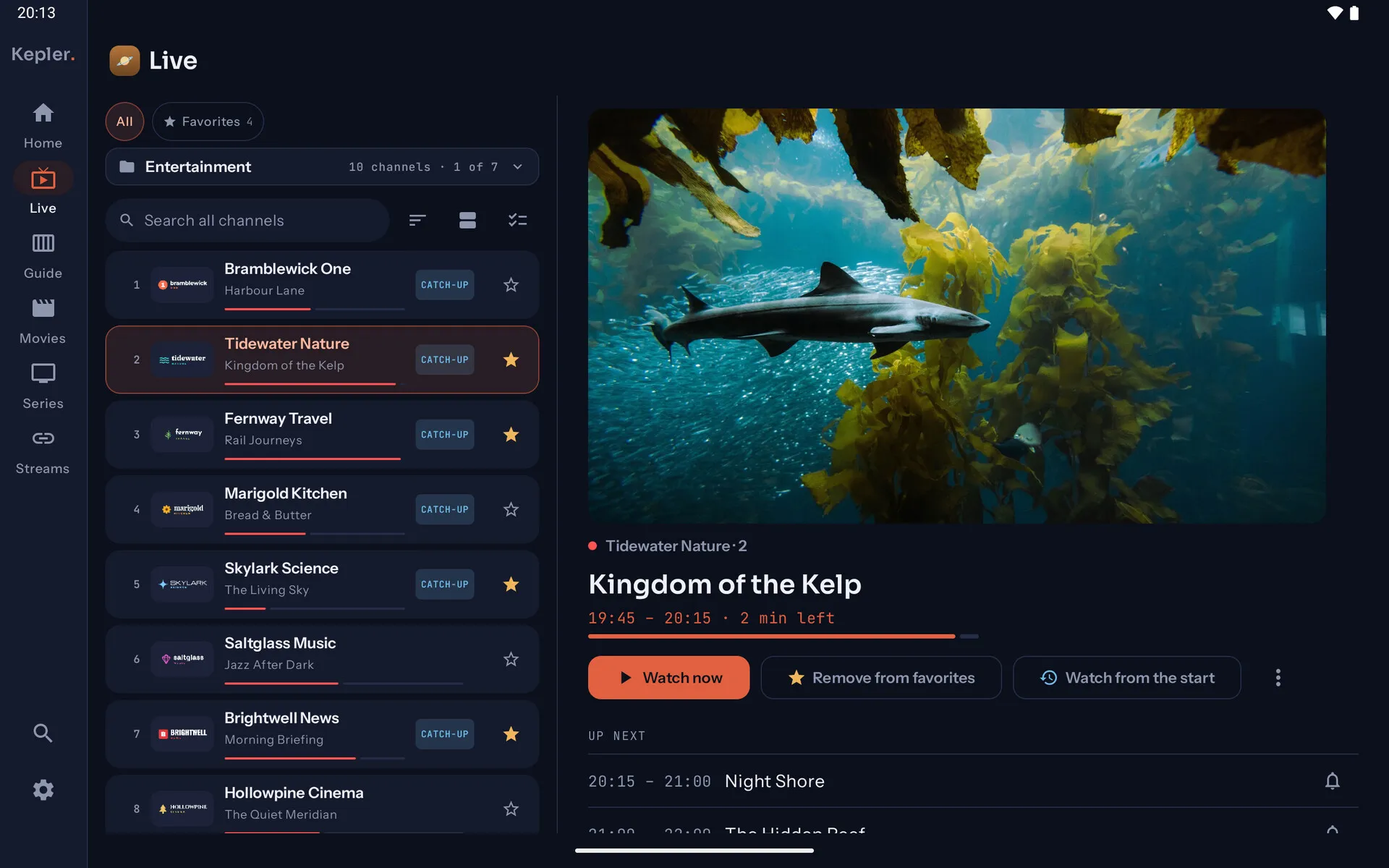 Kepler on a tablet: the channel list beside the selected channel, its programme and what comes next