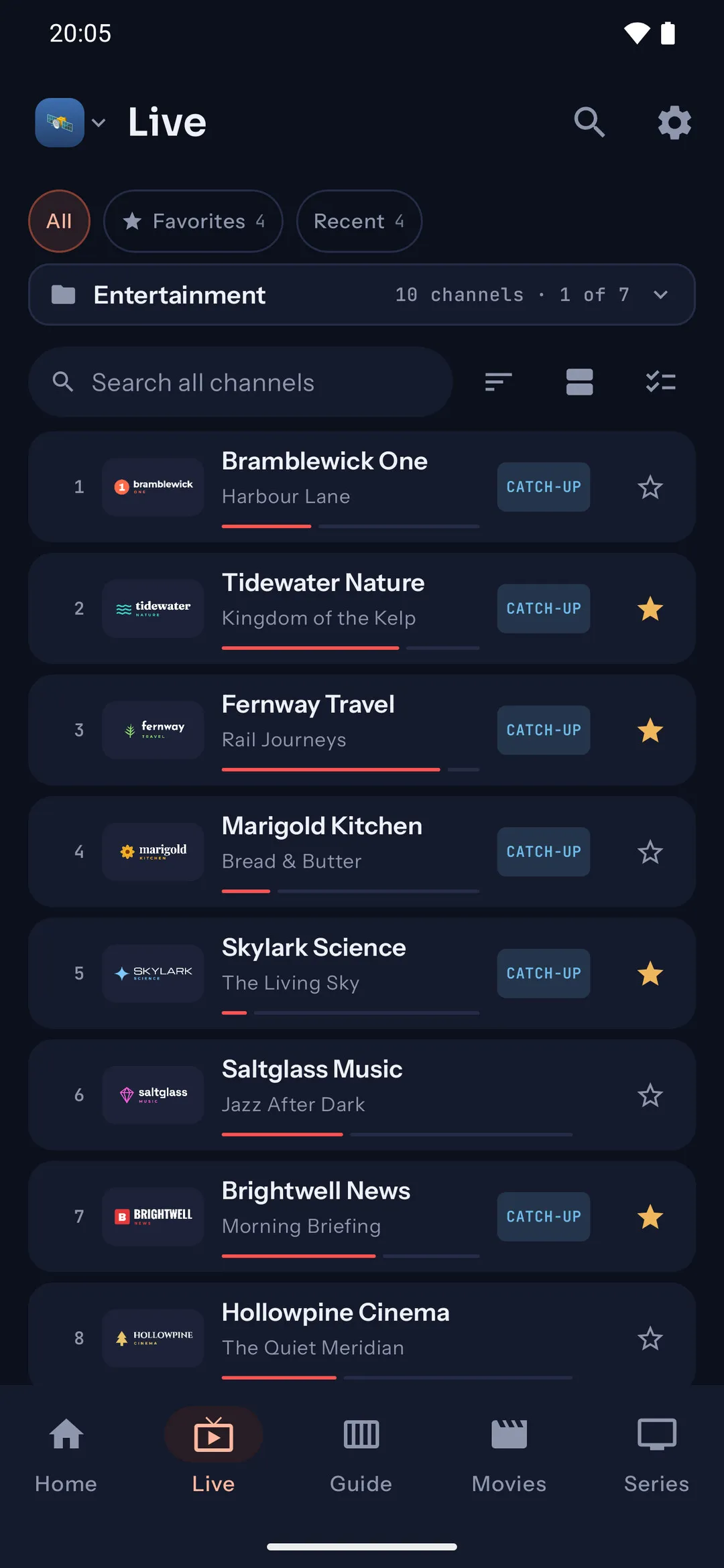 Kepler on a phone: a group of live channels, each showing the programme on now, catch-up and favourites