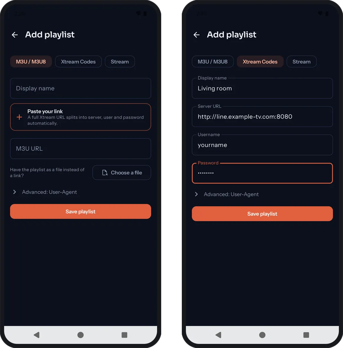 Kepler's Add playlist screen on a phone, first on the M3U tab with Paste your link and Choose a file, then on the Xtream Codes tab with a server, username and password filled in
