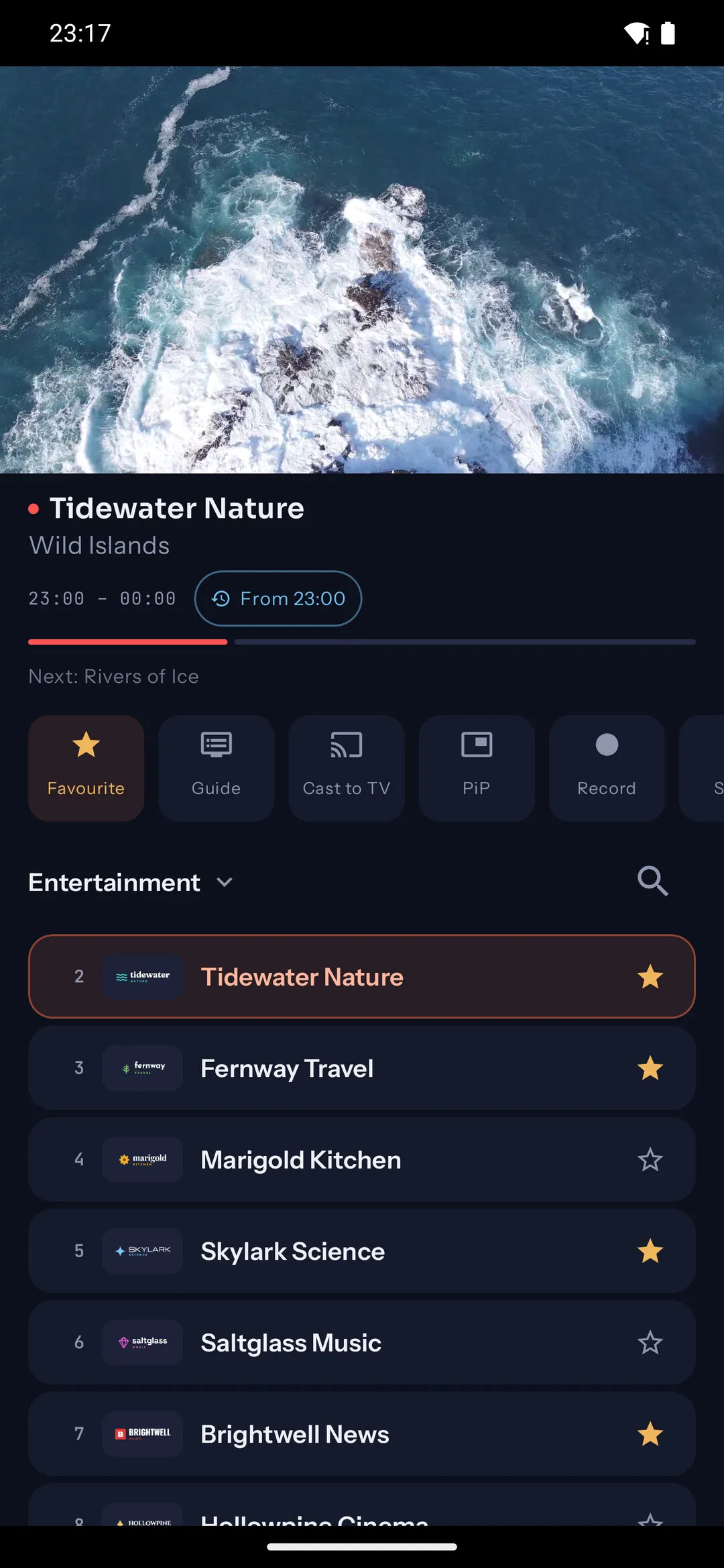 Kepler on a phone: a live channel playing, with the programme on air and actions to cast, open picture-in-picture or record