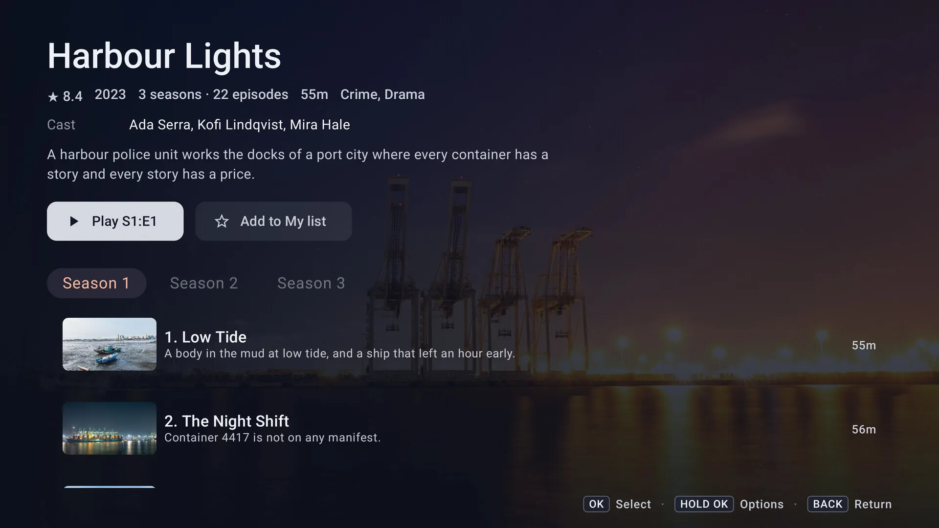 Kepler on Android TV: a series page with its artwork, seasons and the first season's episodes
