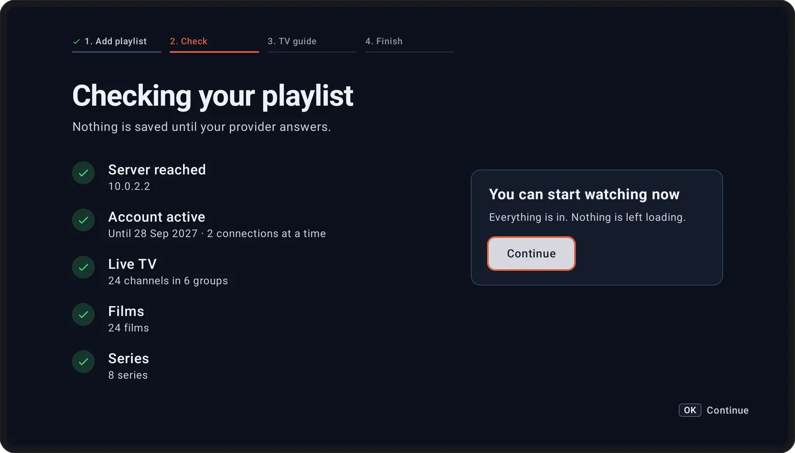 Kepler's Check step on the TV: server reached, account active with its expiry date and connection limit, and the number of live channels, films and series found