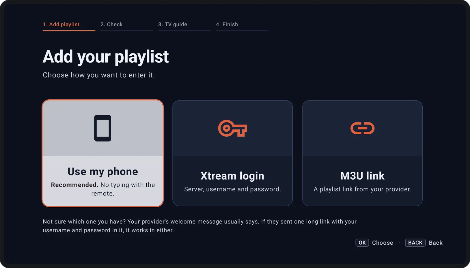 The first step of Kepler's TV setup: three choices, Use my phone (recommended), Xtream login and M3U link