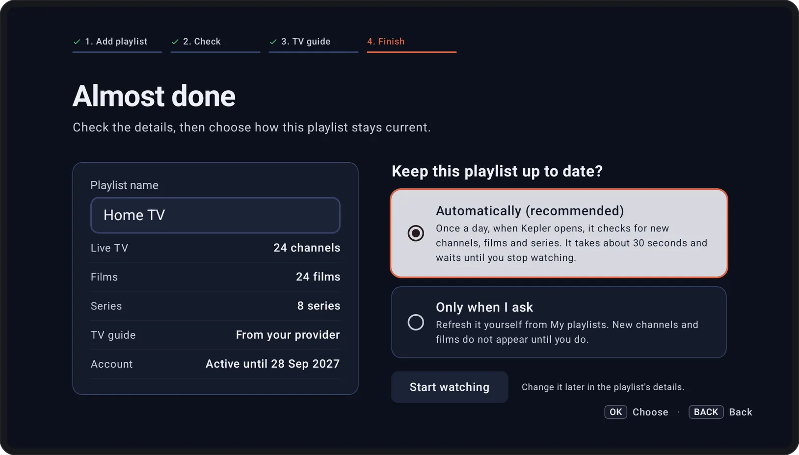 The last step of Kepler's TV setup: a summary of the playlist and the choice between updating automatically once a day or only when you ask