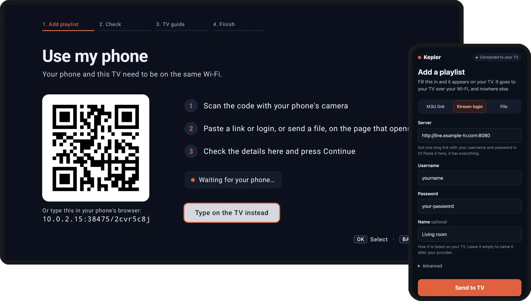The TV showing a QR code and a web address, next to a phone showing the page it opens, with an Xtream login filled in and a Send to TV button