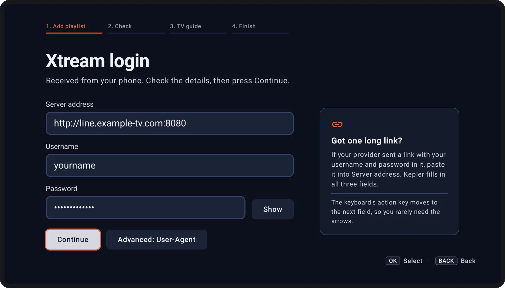 Kepler's Xtream login screen on the TV, filled in with the details received from the phone